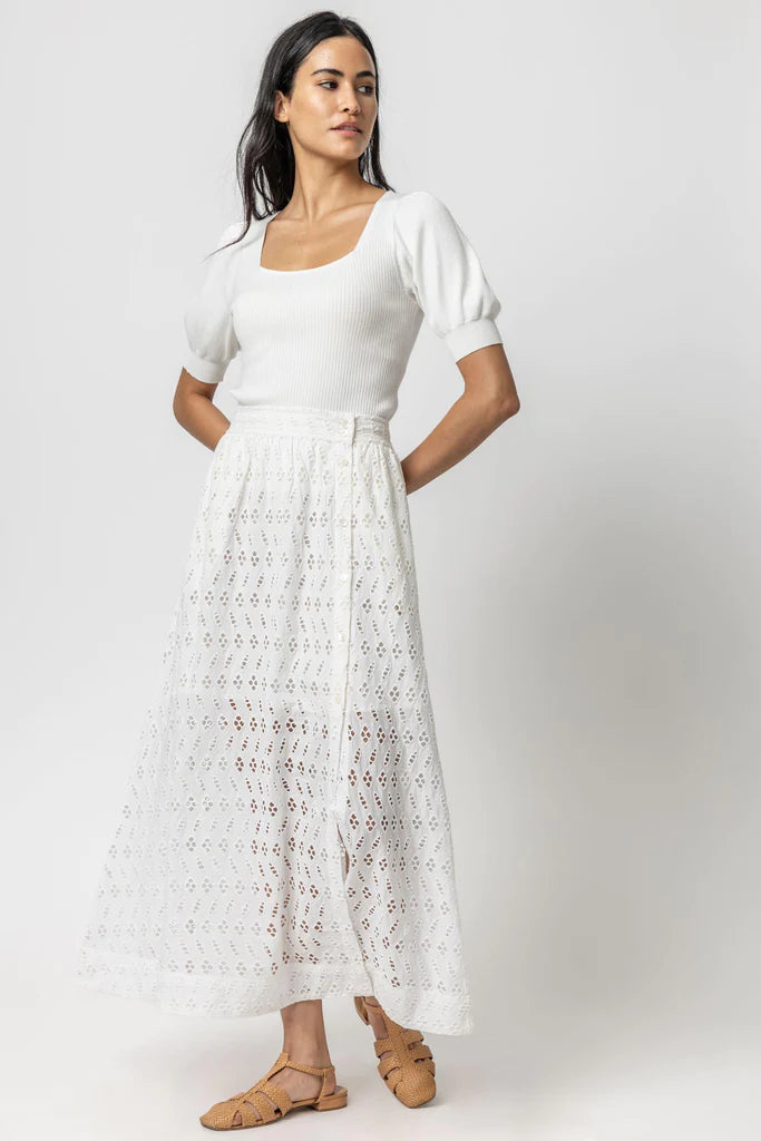 Lilla P. ~ Eyelet Side Button Maxi Skirt - White