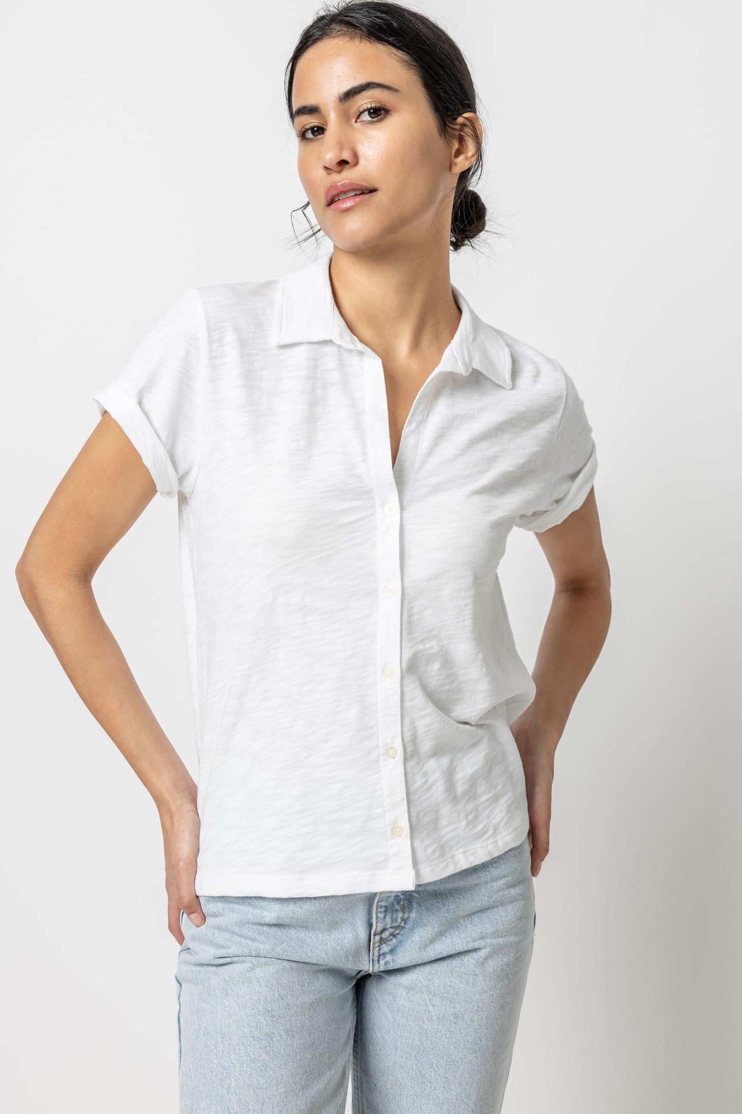 Lilla P. ~ Short Sleeve Button Down Tee - White