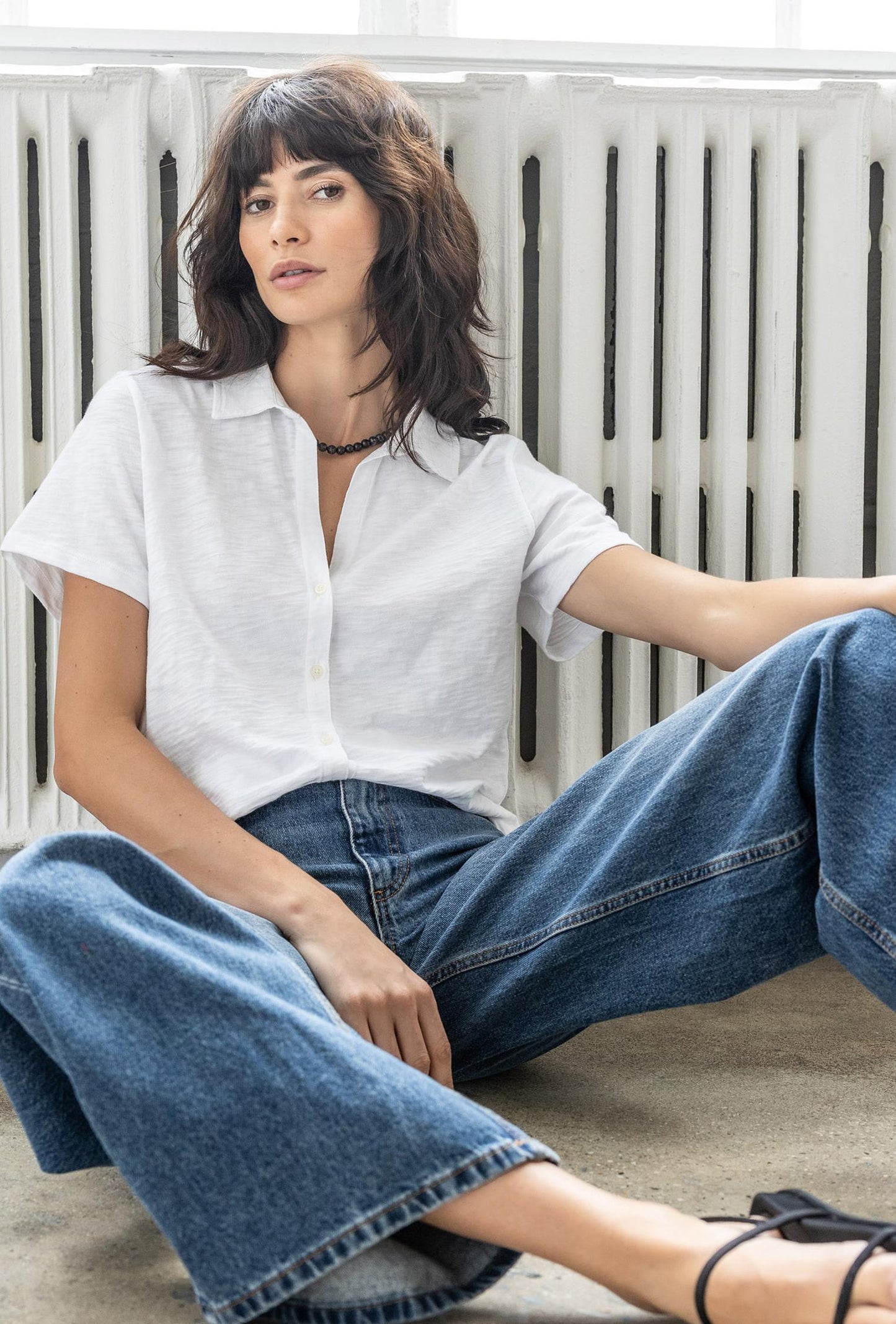 Lilla P. ~ Short Sleeve Button Down Tee - White