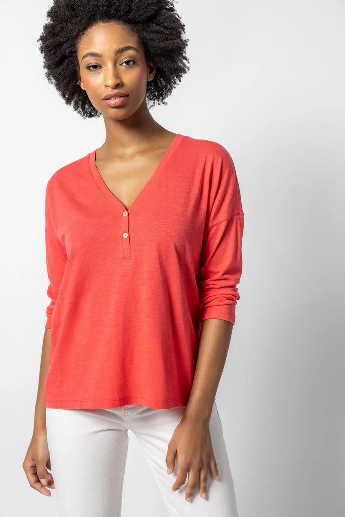 Lilla P. ~ Easy V-Neck Henley - Flamingo