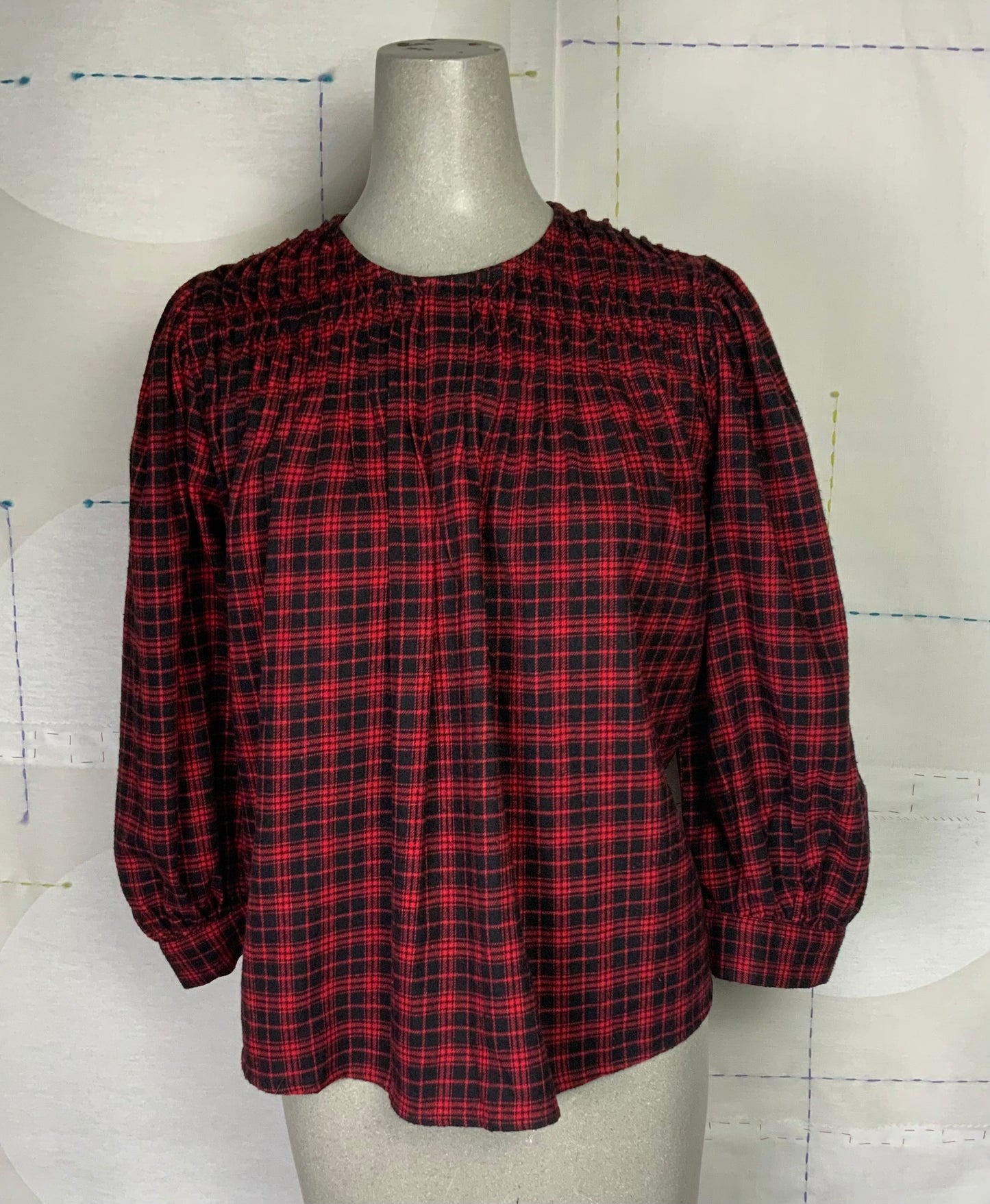 UQNATU  ~  Shirred Blouse - Red Plaid