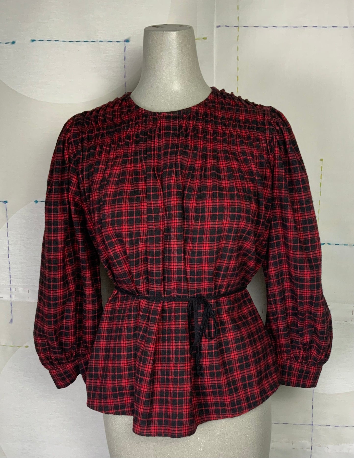 UQNATU  ~  Shirred Blouse - Red Plaid