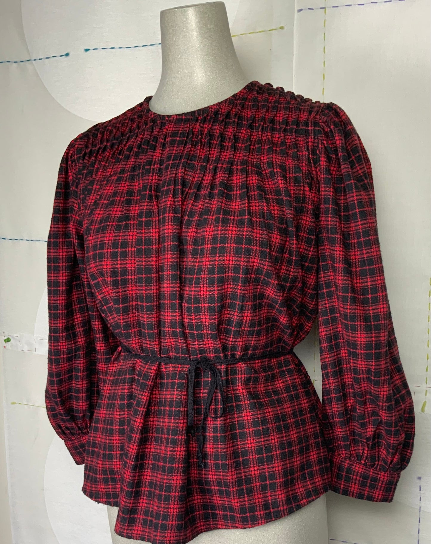 UQNATU  ~  Shirred Blouse - Red Plaid