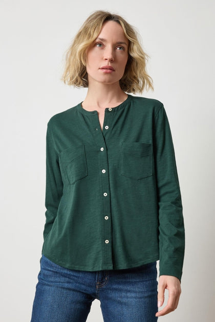 Lilla P. ~ Mandarin Collar Button Down - Spruce