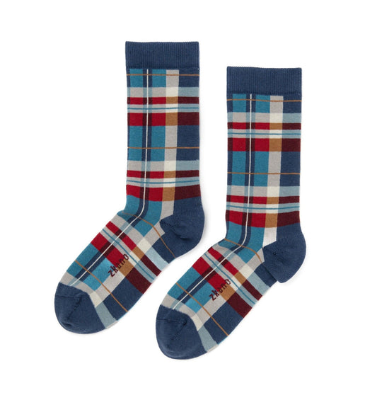 ZKano  ~  Madras Plaid, Organic Cotton Crew Socks - Navy
