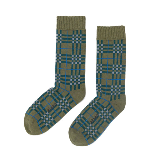 ZKano  ~  Campfire Plaid, Organic Cotton Crew Socks - Army
