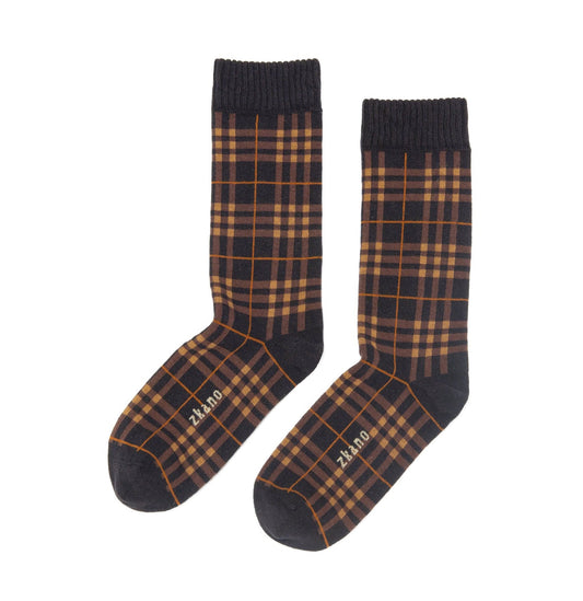 ZKano  ~  Campfire Plaid, Organic Cotton Crew Socks - Black