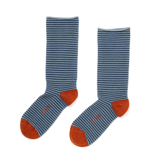 ZKano  ~ Pinstripe Roll Top, Organic Cotton Crew Socks - Denim