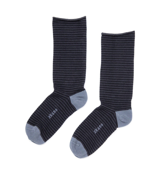 ZKano  ~ Pinstripe Roll Top, Organic Cotton Crew Socks - Charcoal