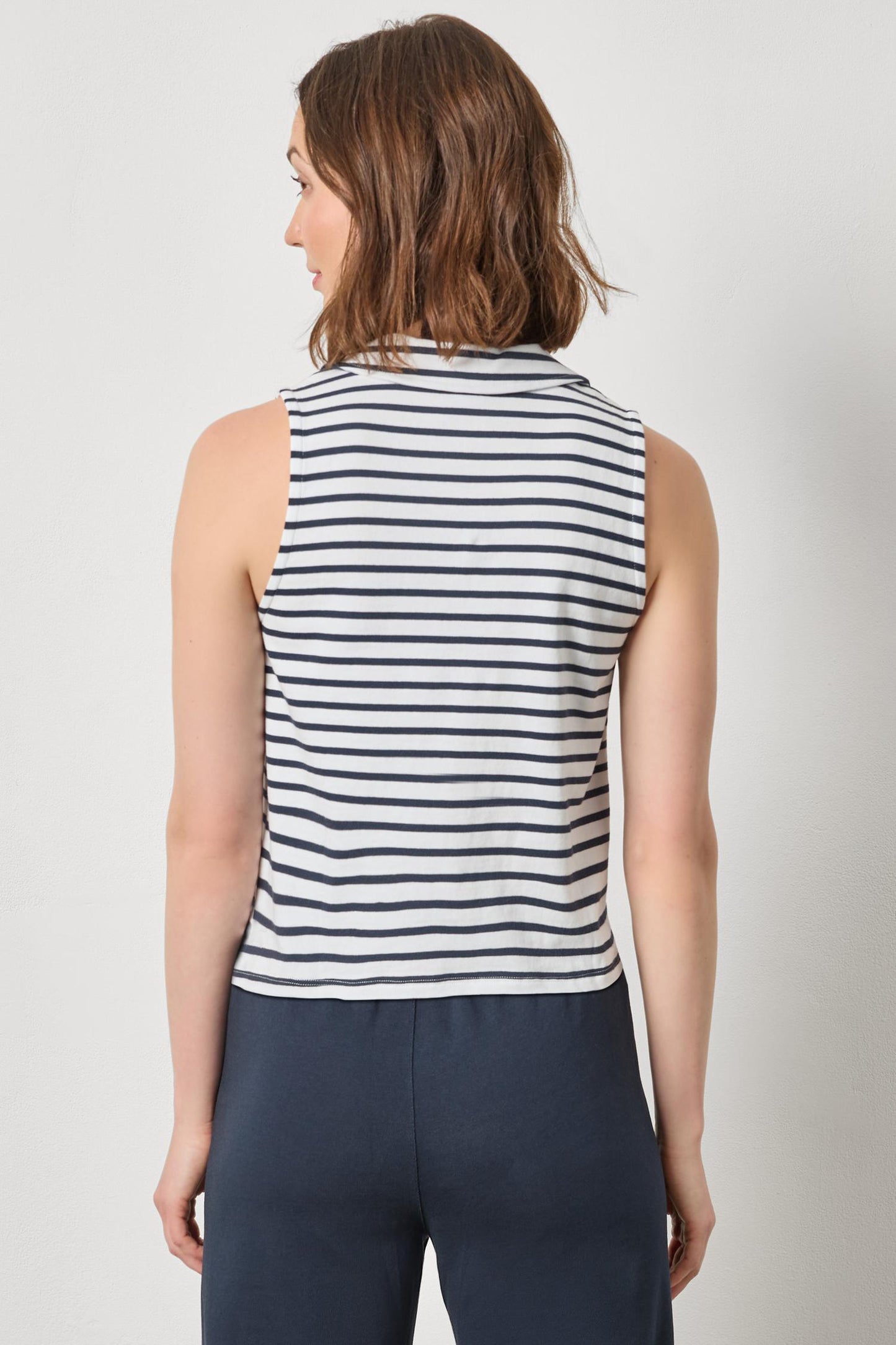 Lilla P. ~ Sleeveless Collared Top - Navy Stripe