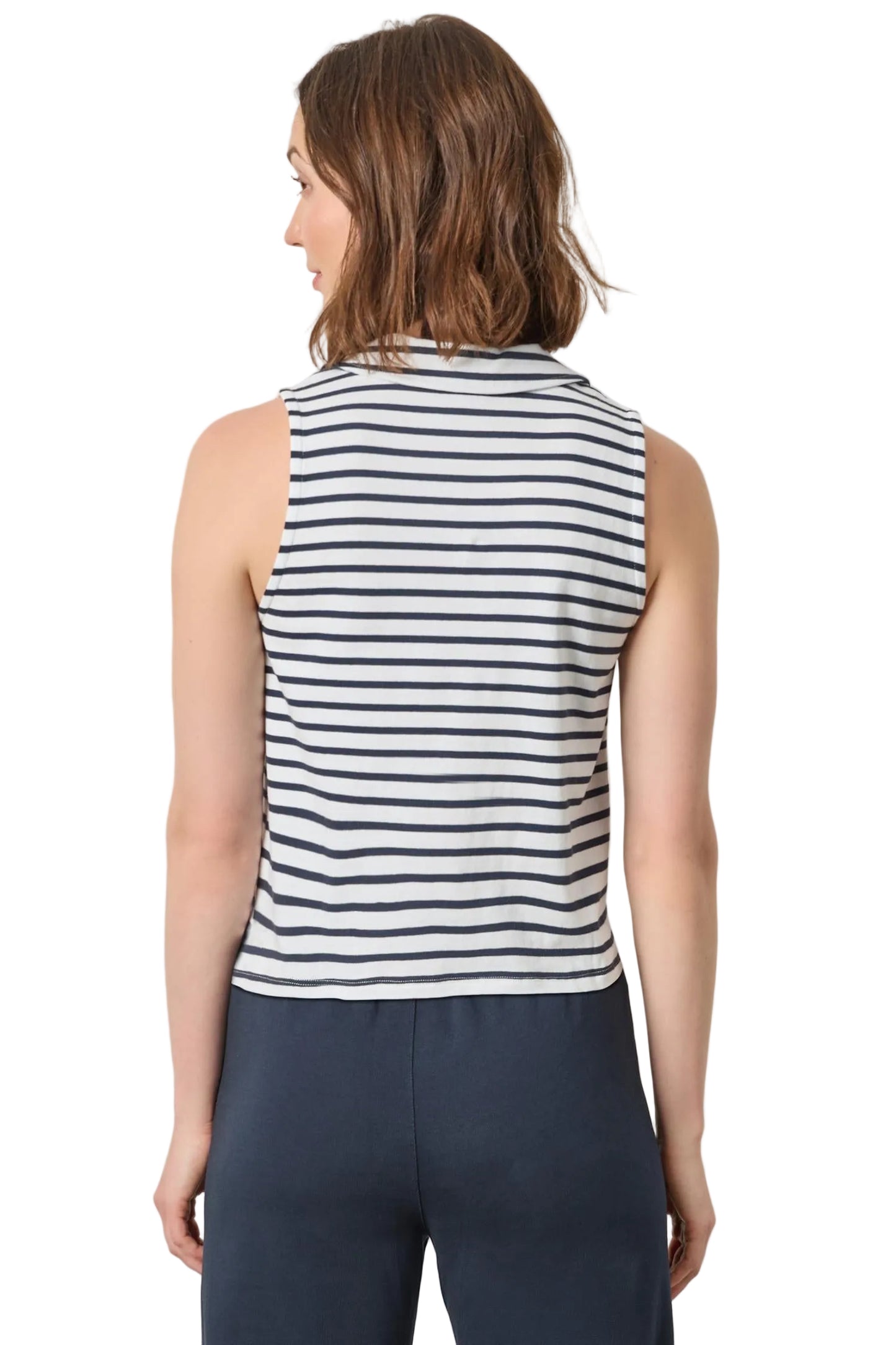 Lilla P. ~ Sleeveless Collared Top - Navy Stripe