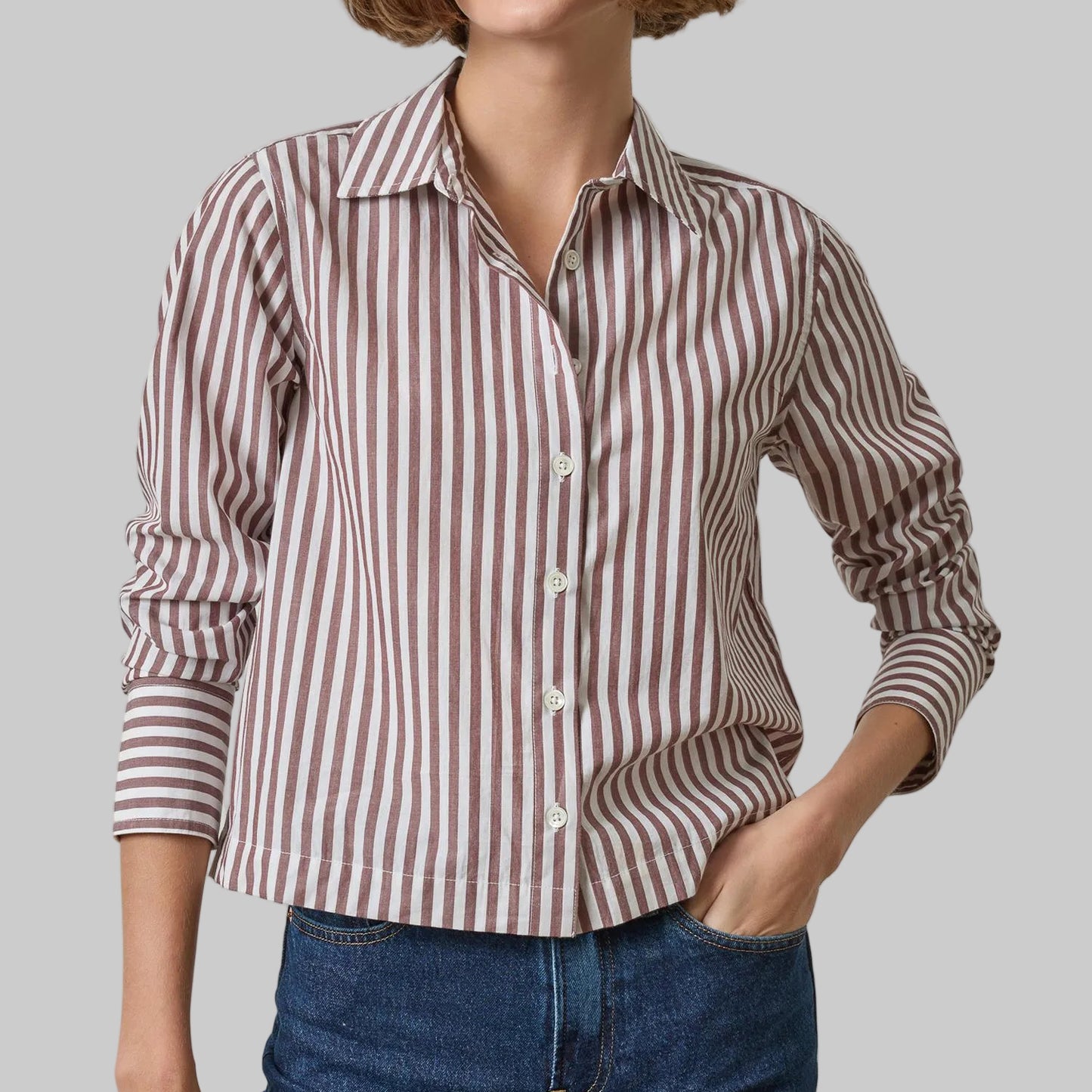 Lilla P. ~ Straight Fit Short Button Down - Chestnut Stripe