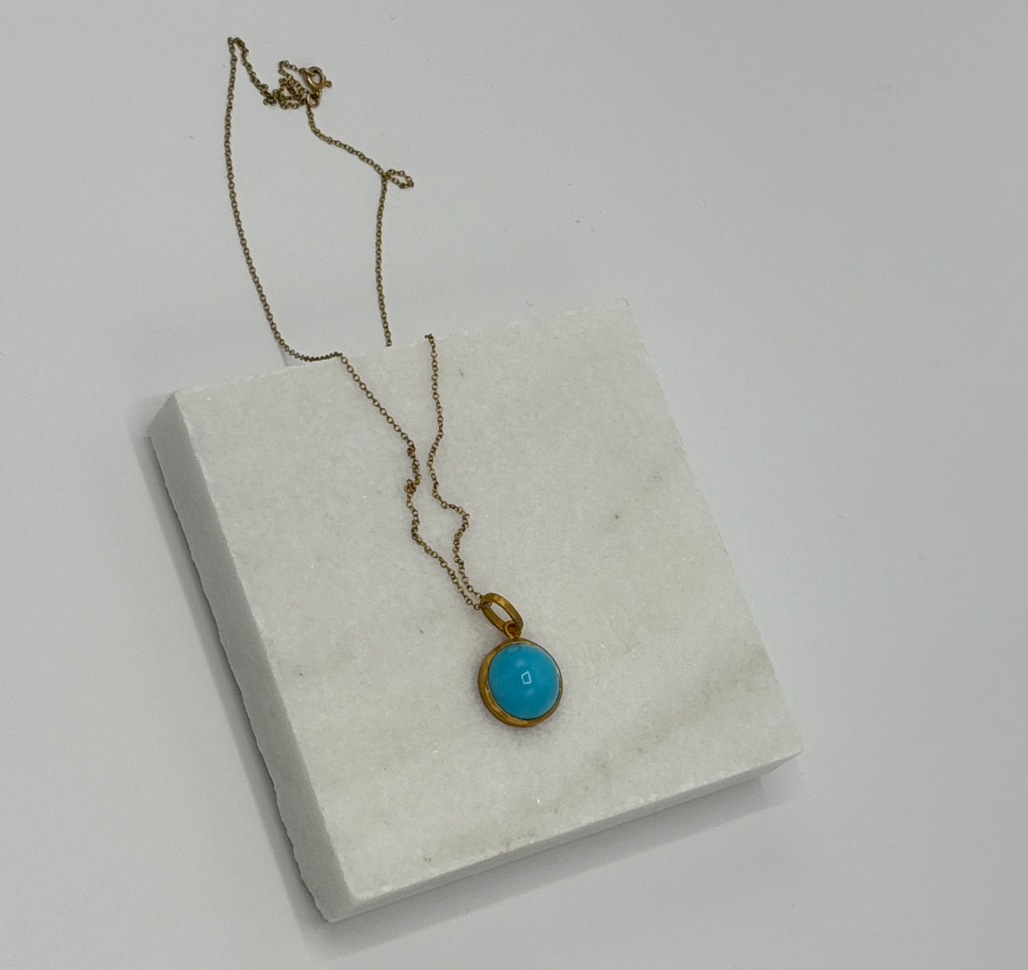 Rebecca Brenner Jewelry ~ Cabochon Sleeping Beauty Turquoise Pendent on 14K Gold Chain