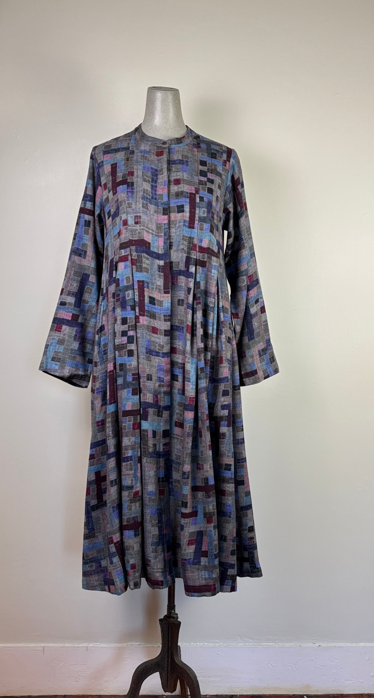 Neeru Kumar  ~  Wool Tuck Pleat Dress - Gray Multi Check