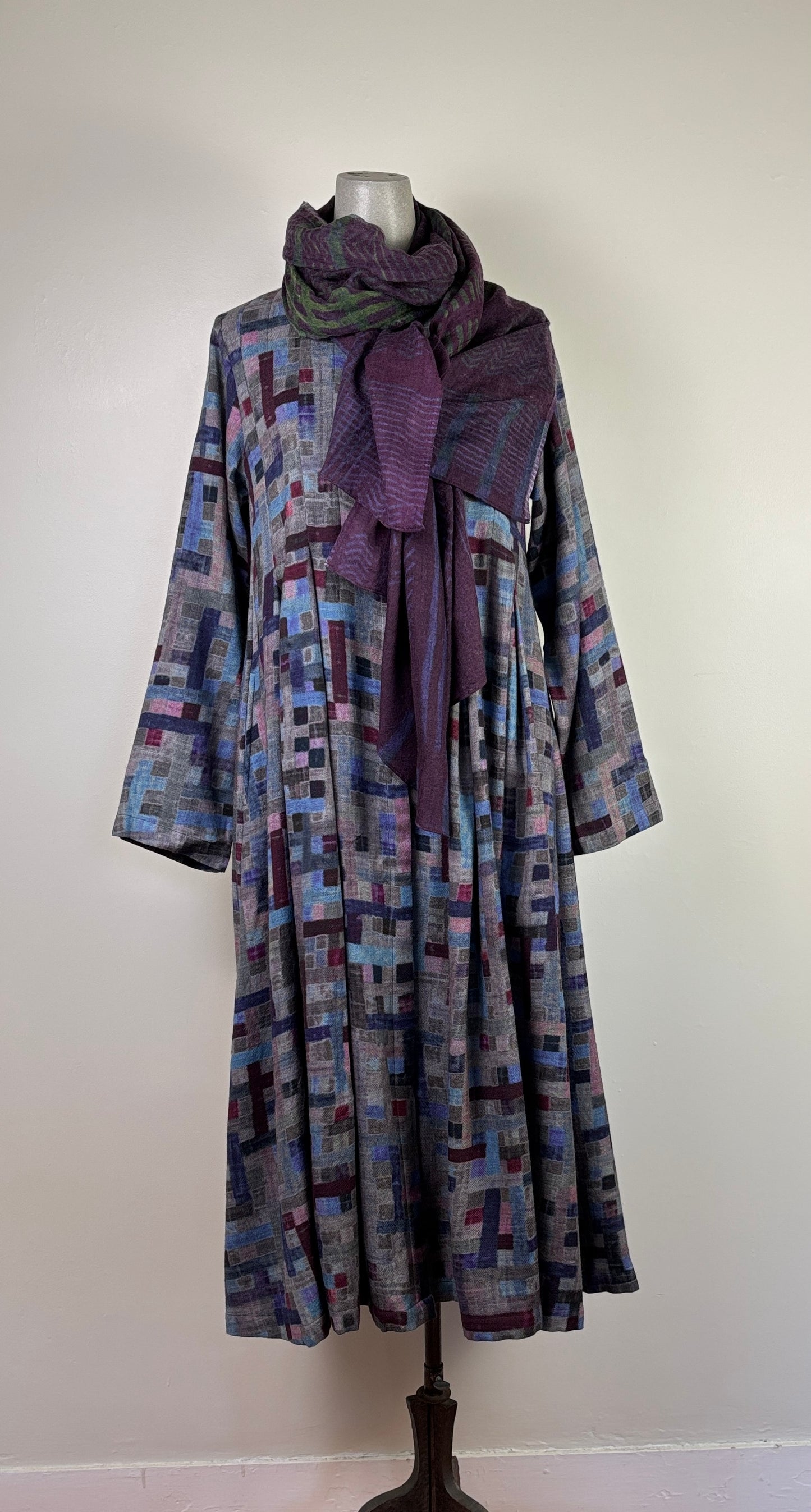 Neeru Kumar  ~  Wool Tuck Pleat Dress - Gray Multi Check