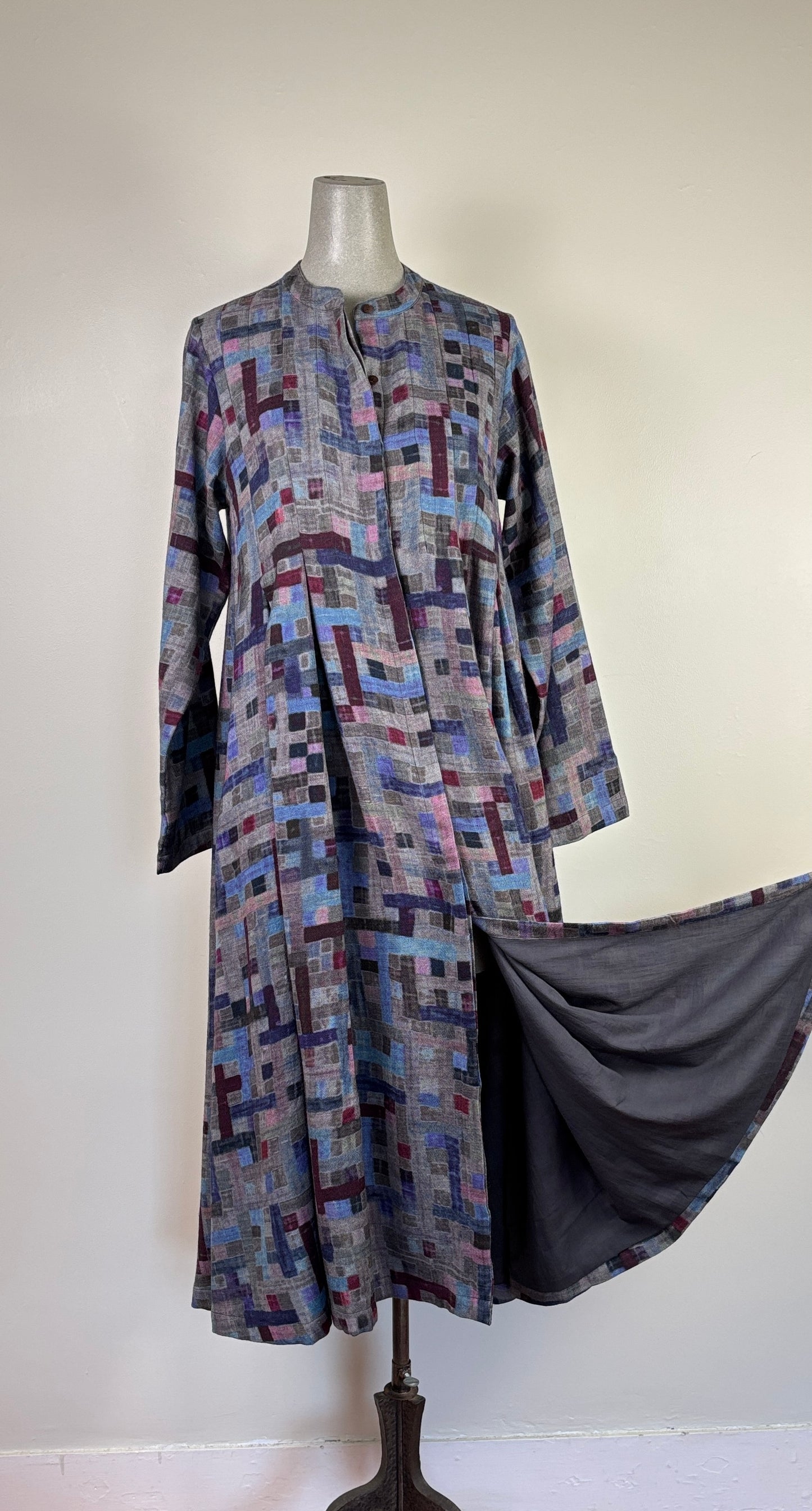 Neeru Kumar  ~  Wool Tuck Pleat Dress - Gray Multi Check