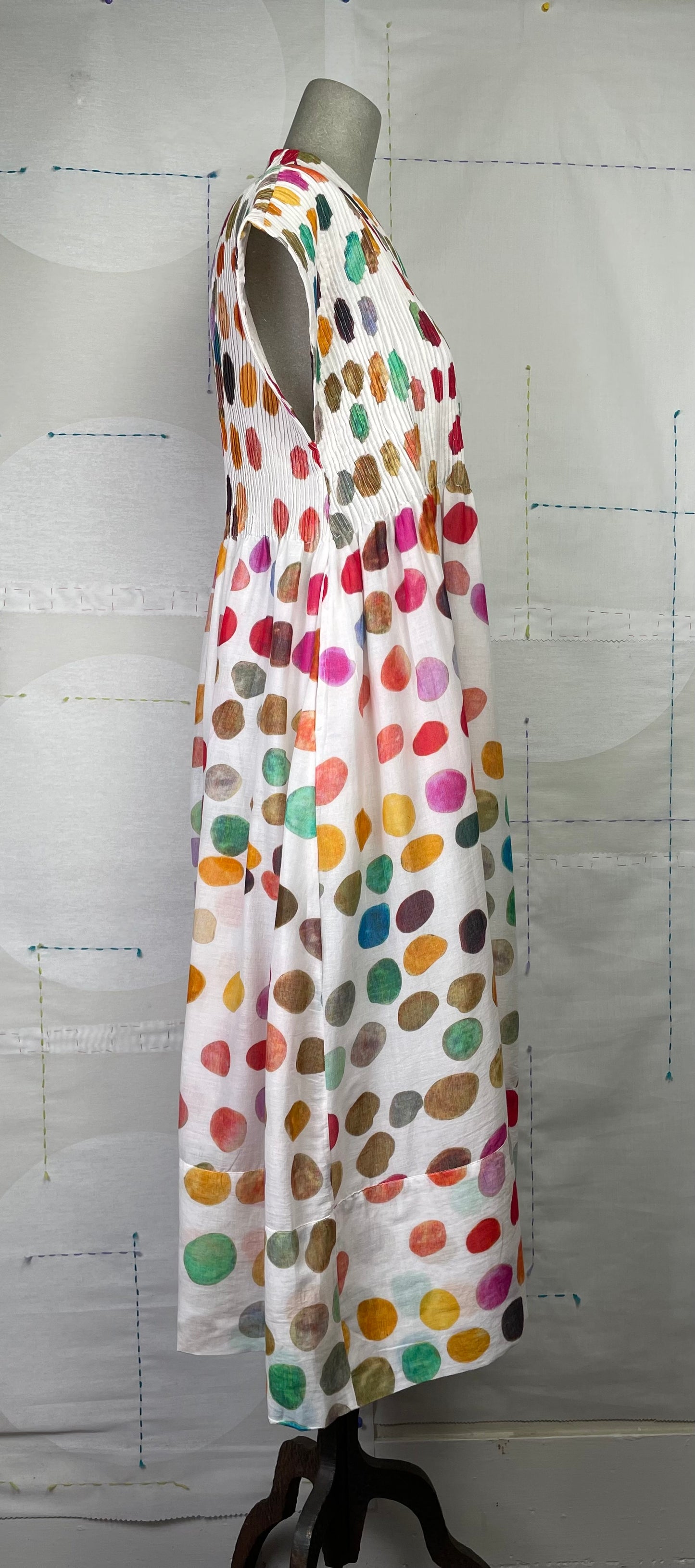 Neeru Kumar ~ Pleated V-Neck Dress - White Multi Dots