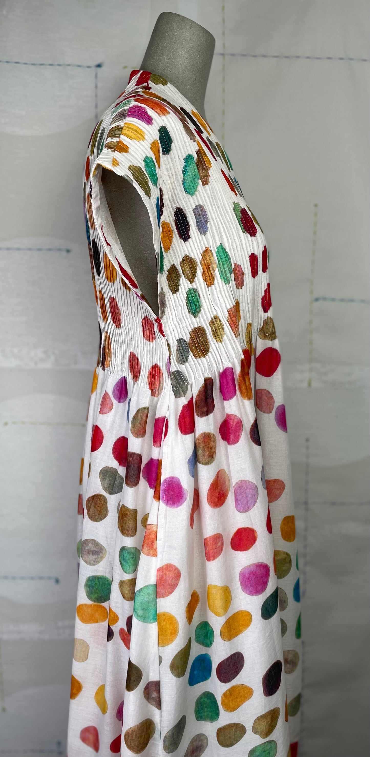 Neeru Kumar ~ Pleated V-Neck Dress - White Multi Dots