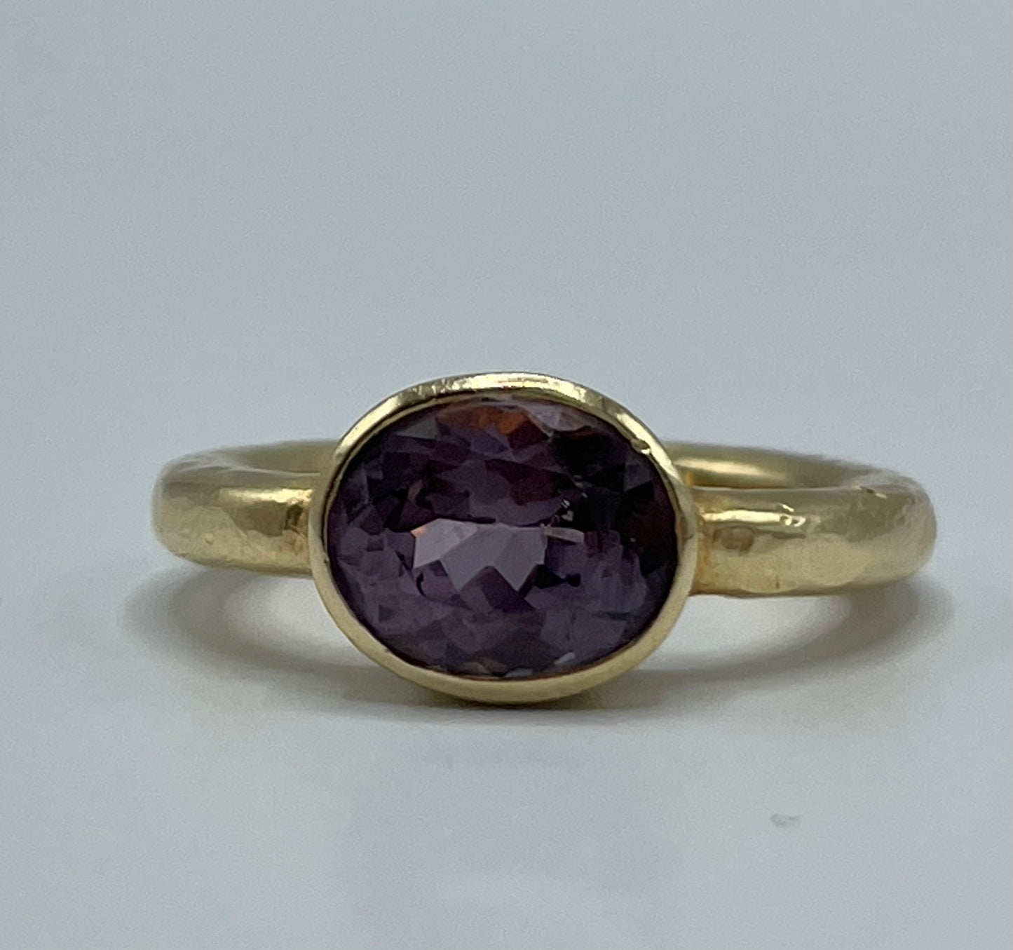 Rebecca Brenner Jewelry ~ 14K Hammered Gold Ring with Bezel Set Purple Spinel