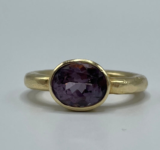 Rebecca Brenner Jewelry  ~ 14K Hammered Gold Ring with Bezel Set Purple Spinel