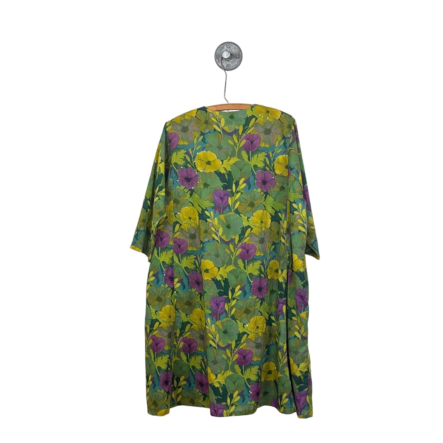 Neeru Kumar ~ Round Neck Front Tuck Dress w/ Sequins - Green Multi Floral