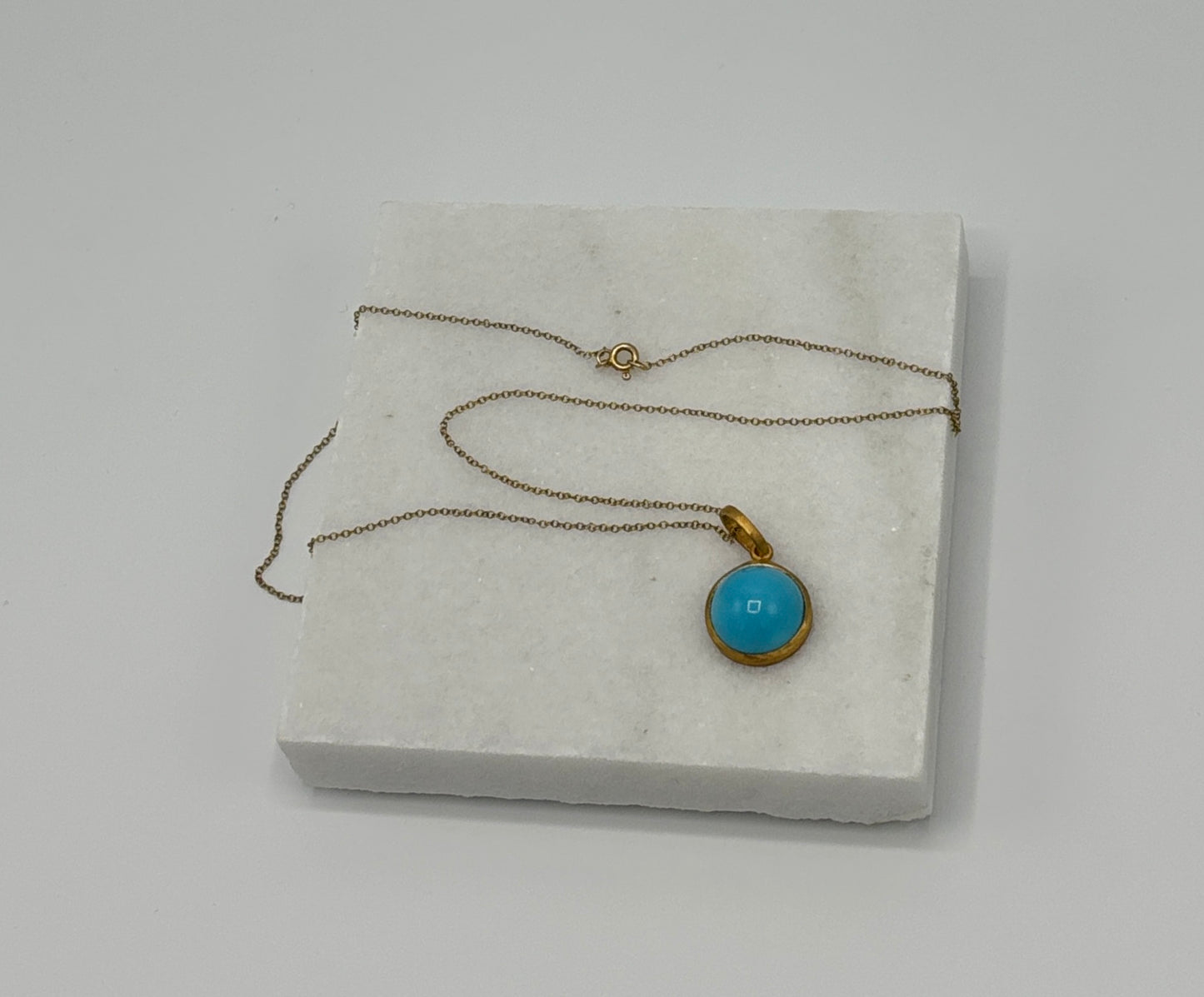 Rebecca Brenner Jewelry ~ Cabochon Sleeping Beauty Turquoise Pendent on 14K Gold Chain