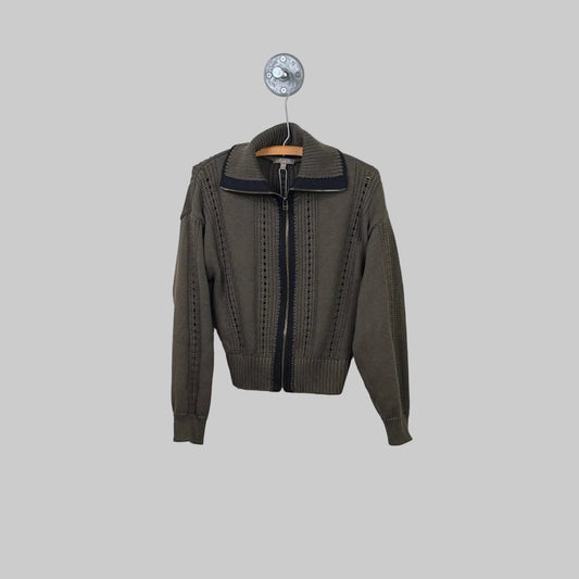 Lilla P. ~  Contrast Collar Zip Cardigan - Olive