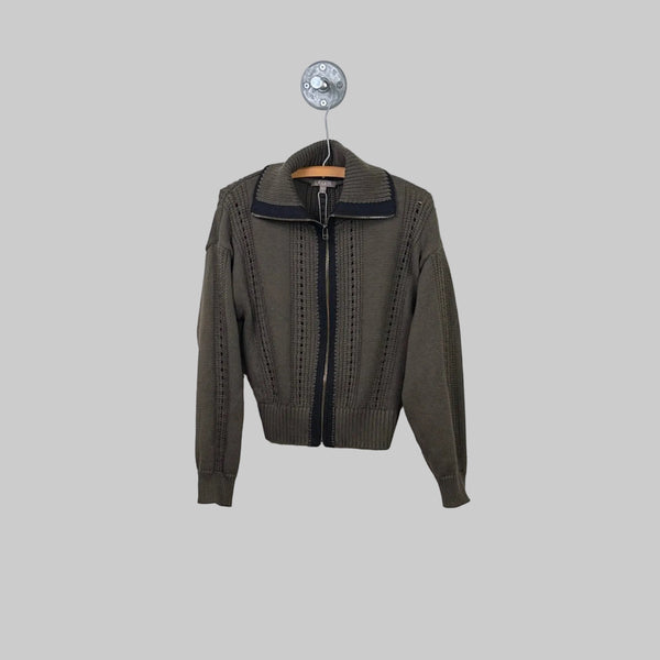 Lilla P. ~  Contrast Collar Zip Cardigan - Olive
