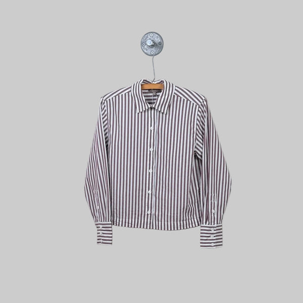 Lilla P. ~  Straight Fit Short Button Down - Chestnut Stripe