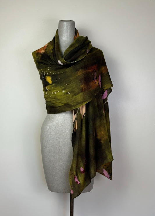 Yavi  ~  Wool/Silk Scarf - Olive Multi