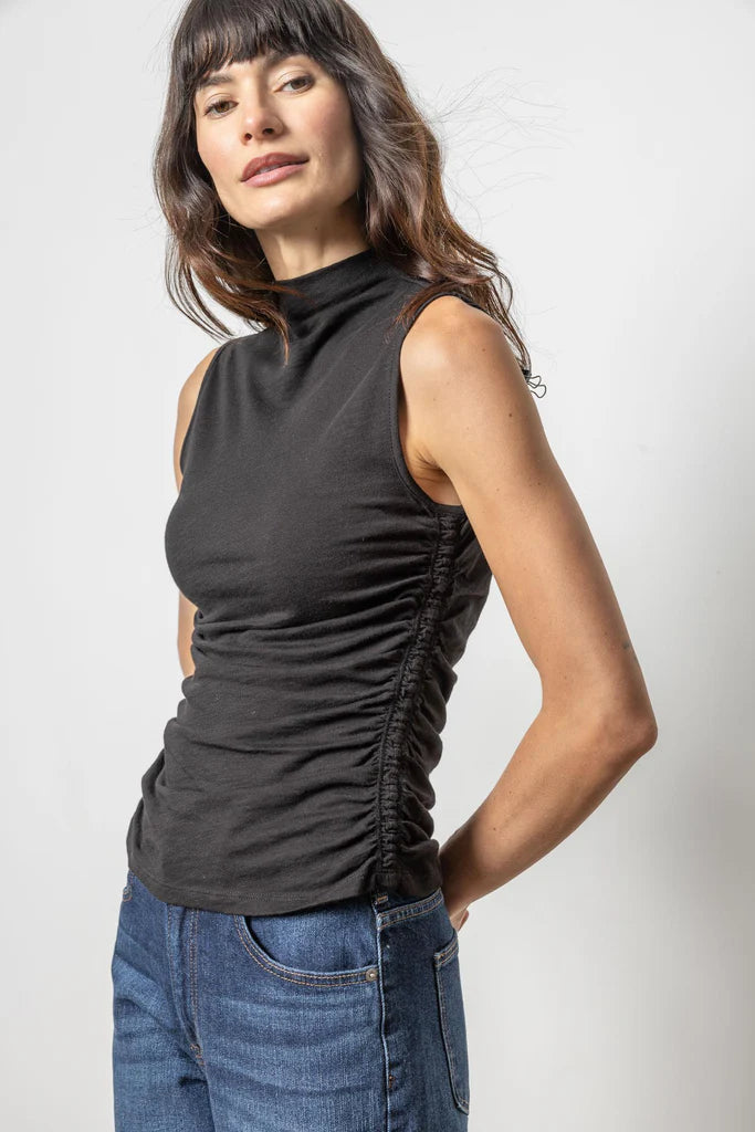 Lilla P. ~  Shirred Mock Neck Tank - Black