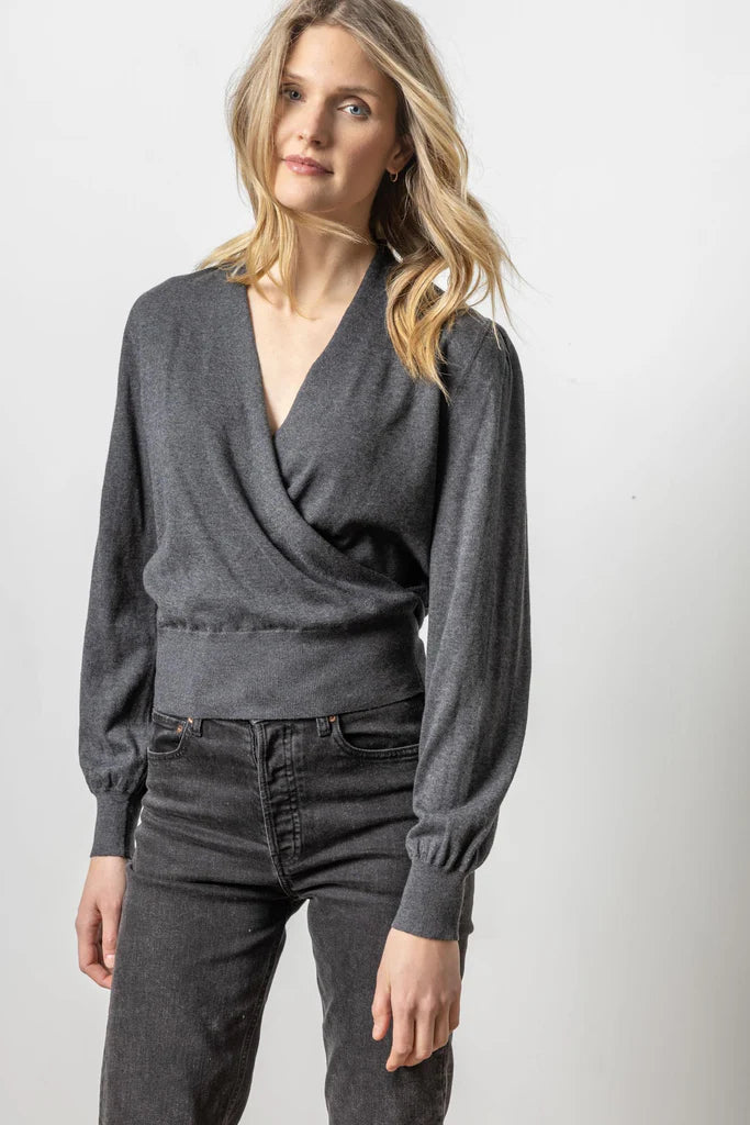 Lilla P. ~  Long Sleeve Surplice Sweater - Onyx