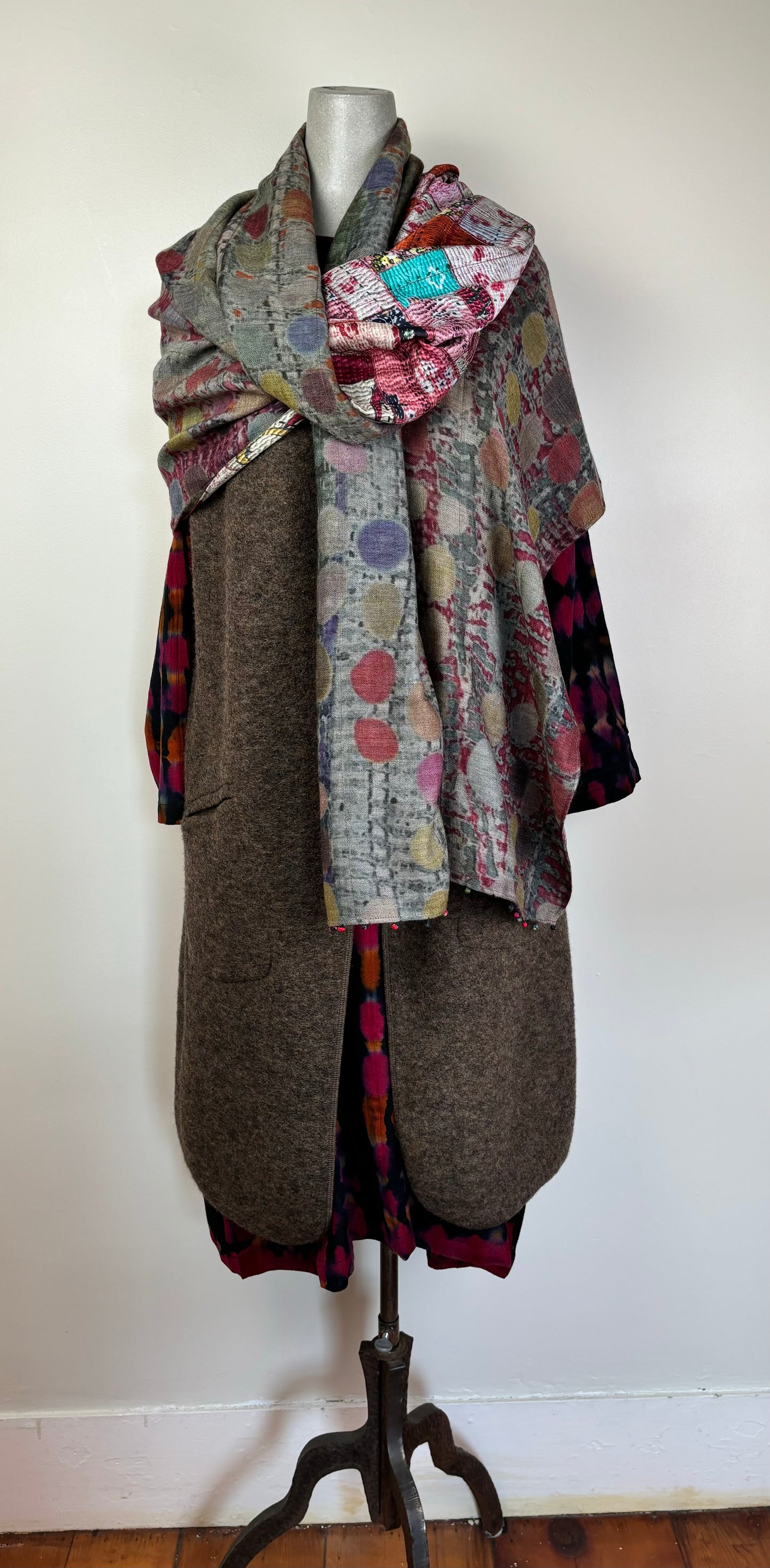 Neeru Kumar  ~  Silk Lined Wool/Silk Dot/Patchwork Print Scarf - Multi Color