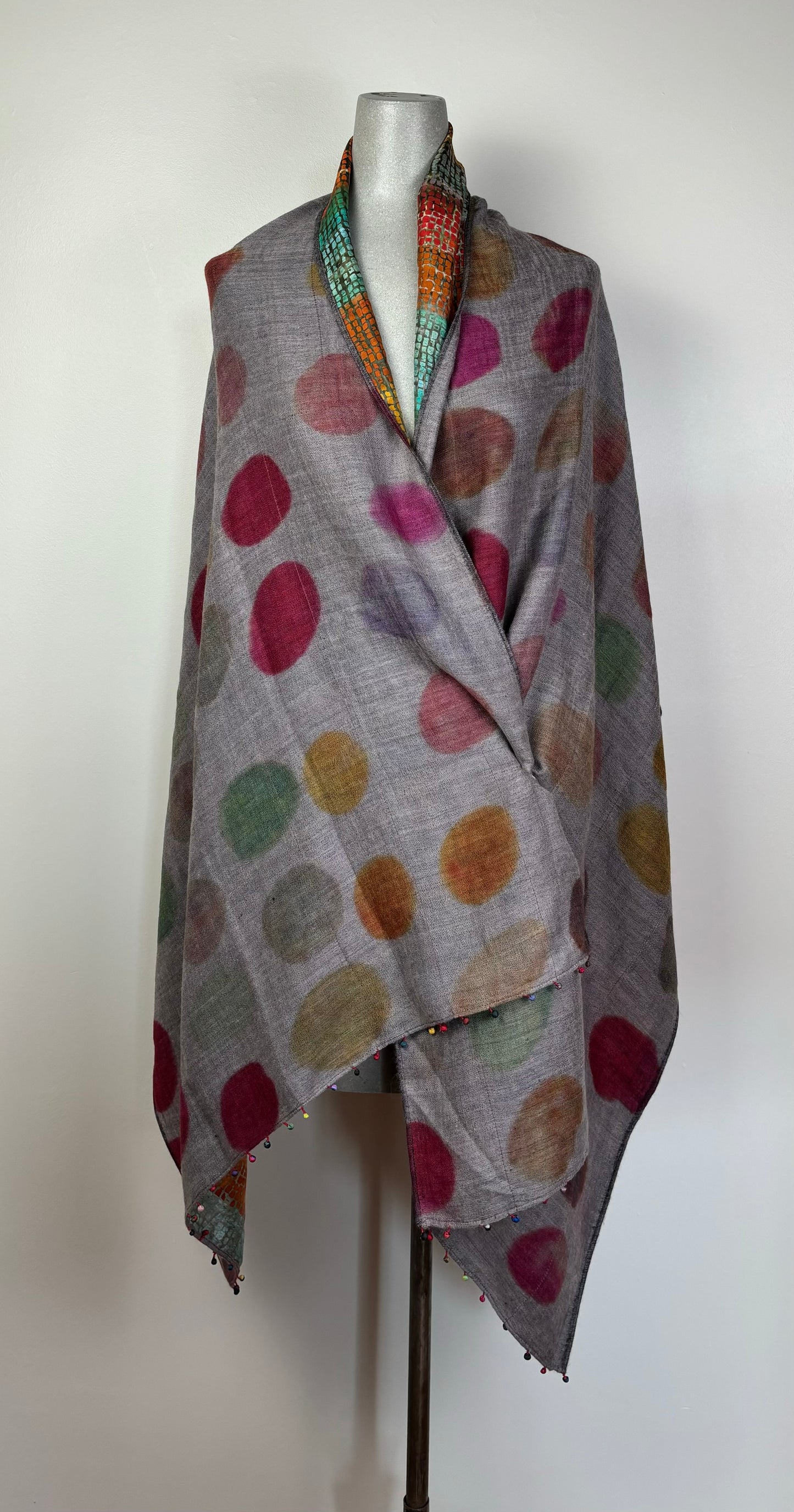 Neeru Kumar  ~ Silk Lined Wool/Silk Dot Scarf - Gray Multi Color