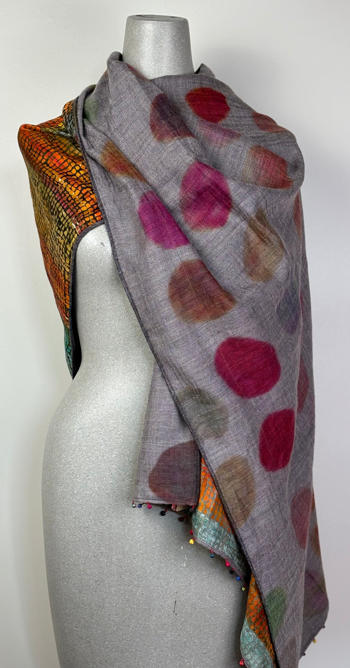 Neeru Kumar  ~ Silk Lined Wool/Silk Dot Scarf - Gray Multi Color