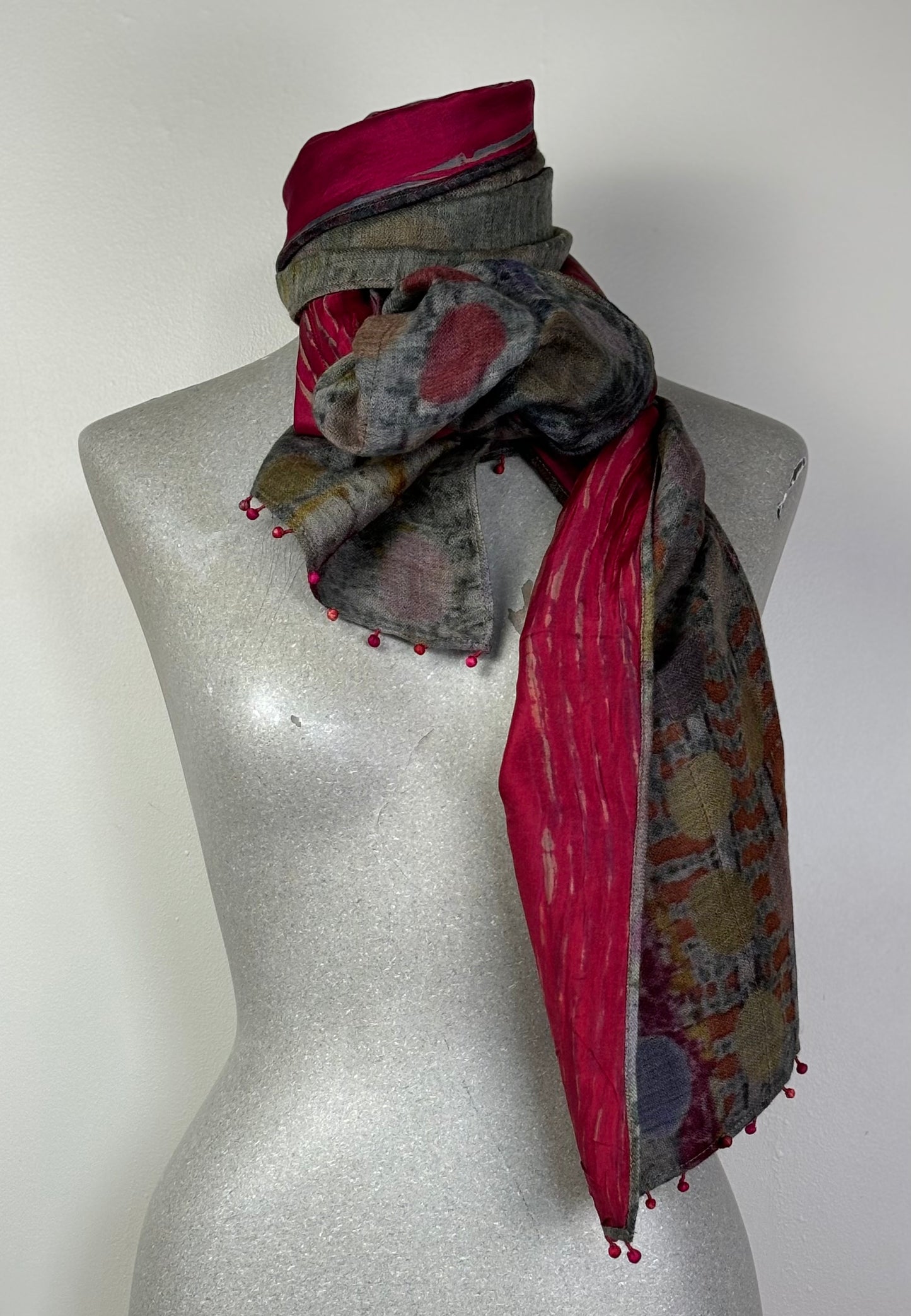 Neeru Kumar  ~  Silk Lined Wool/Silk Dot Scarf - Red/Green Multi