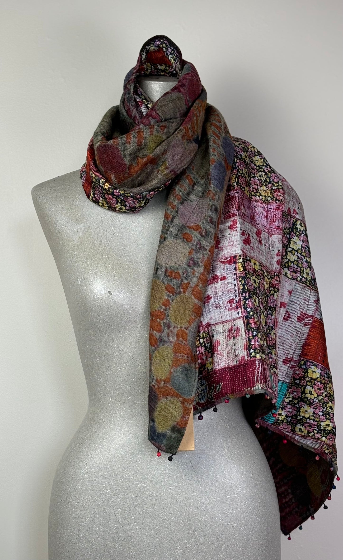 Neeru Kumar  ~  Silk Lined Wool/Silk Dot/Patchwork Print Scarf - Multi Color