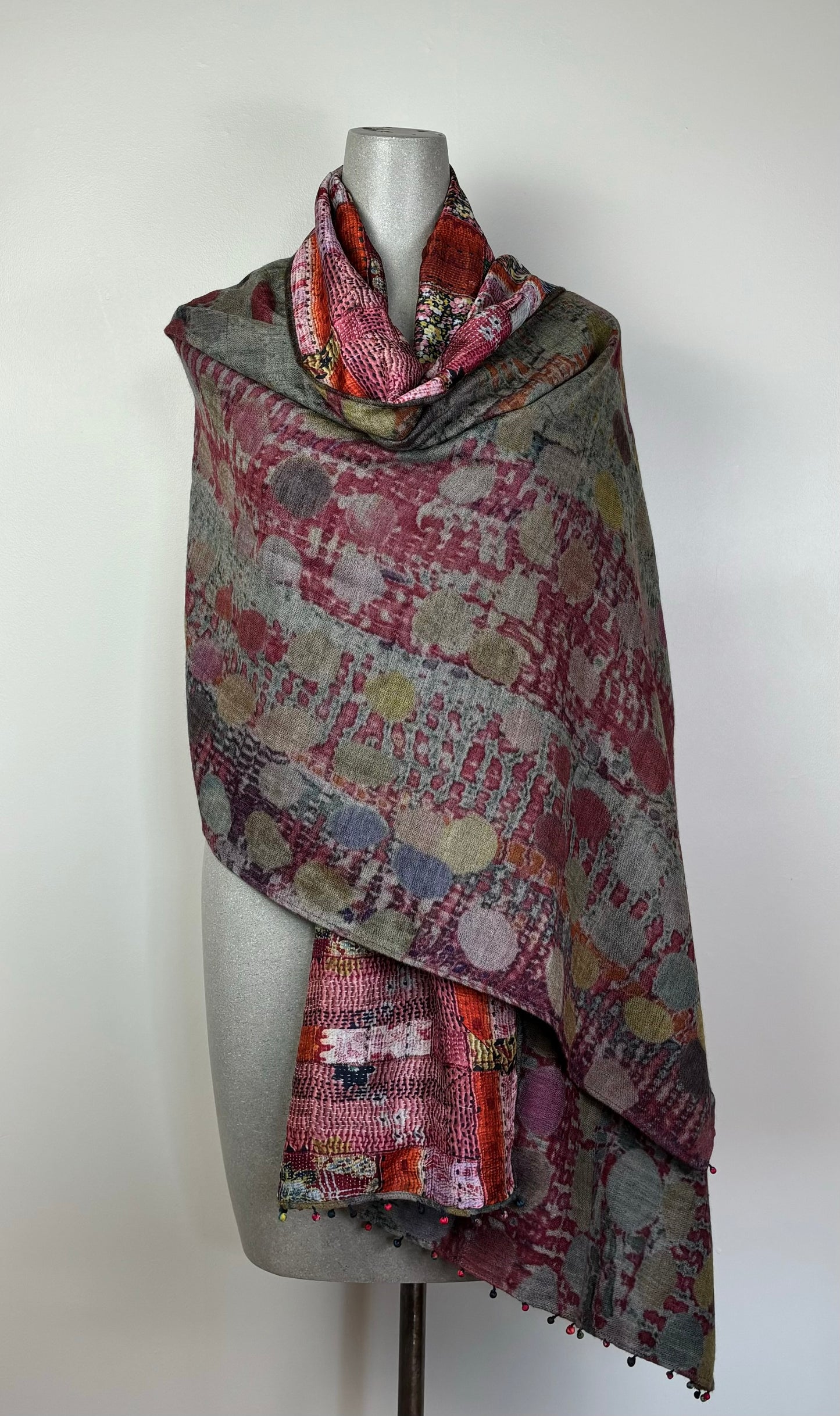 Neeru Kumar  ~  Silk Lined Wool/Silk Dot/Patchwork Print Scarf - Multi Color