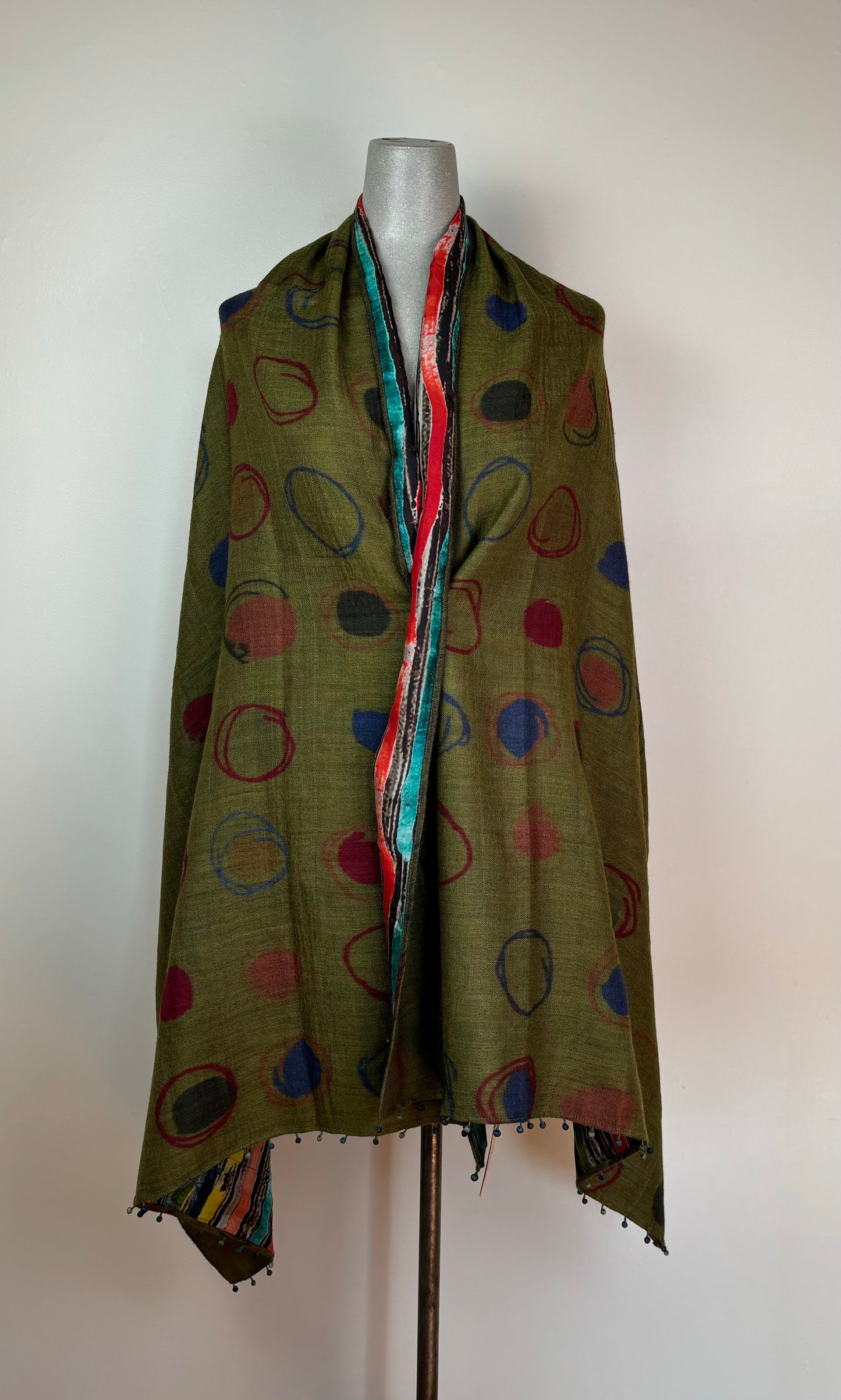 Neeru Kumar  ~  Silk Lined Wool/Silk Circles Scarf - Green Multi