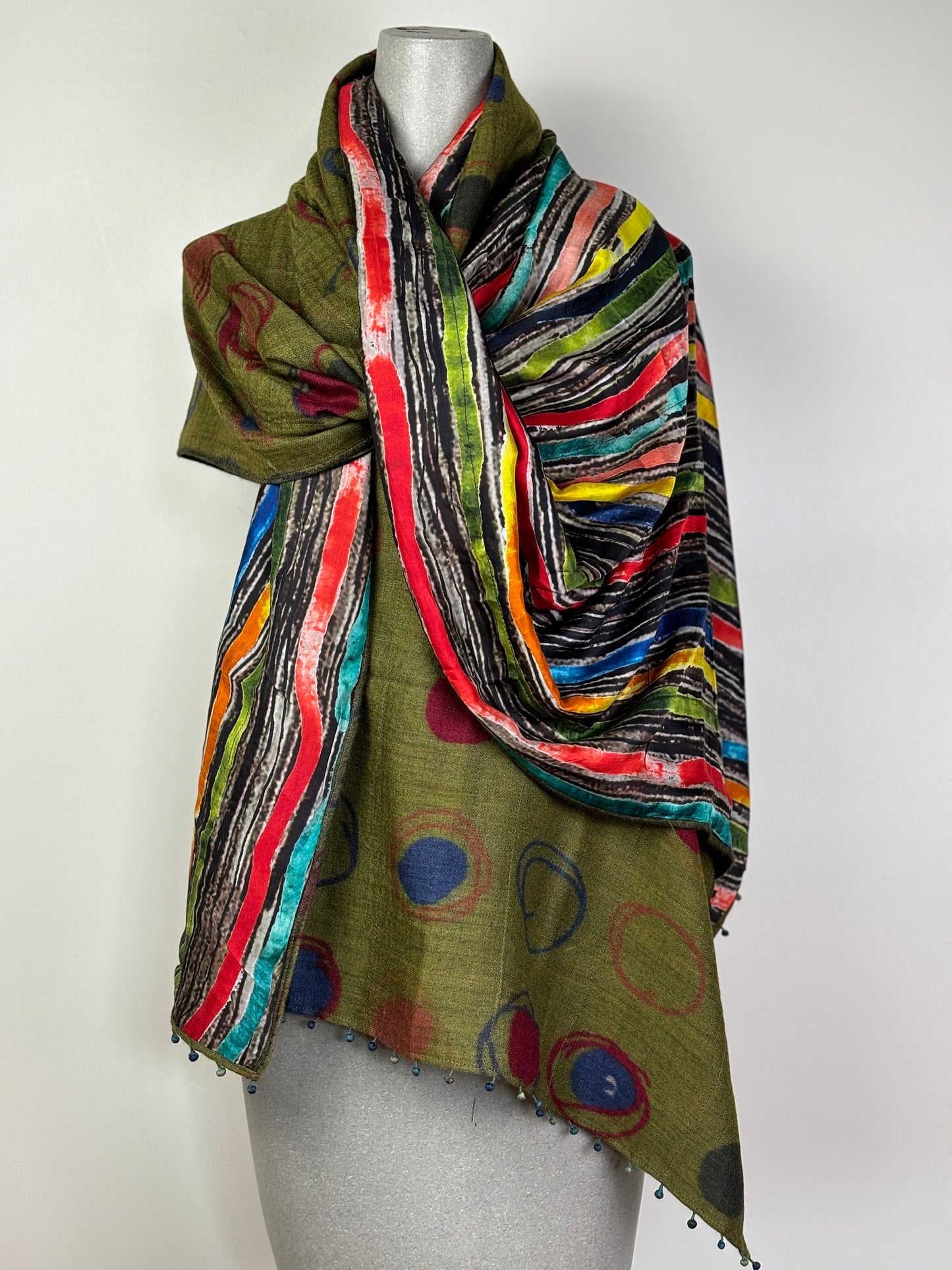 Neeru Kumar  ~  Silk Lined Wool/Silk Circles Scarf - Green Multi