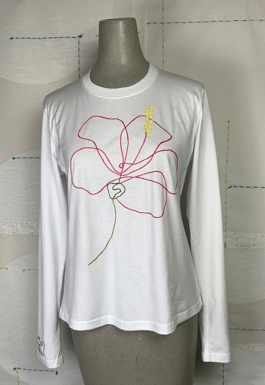 Cats With A Heart  ~  L/S Tee with Tropical Flower - White