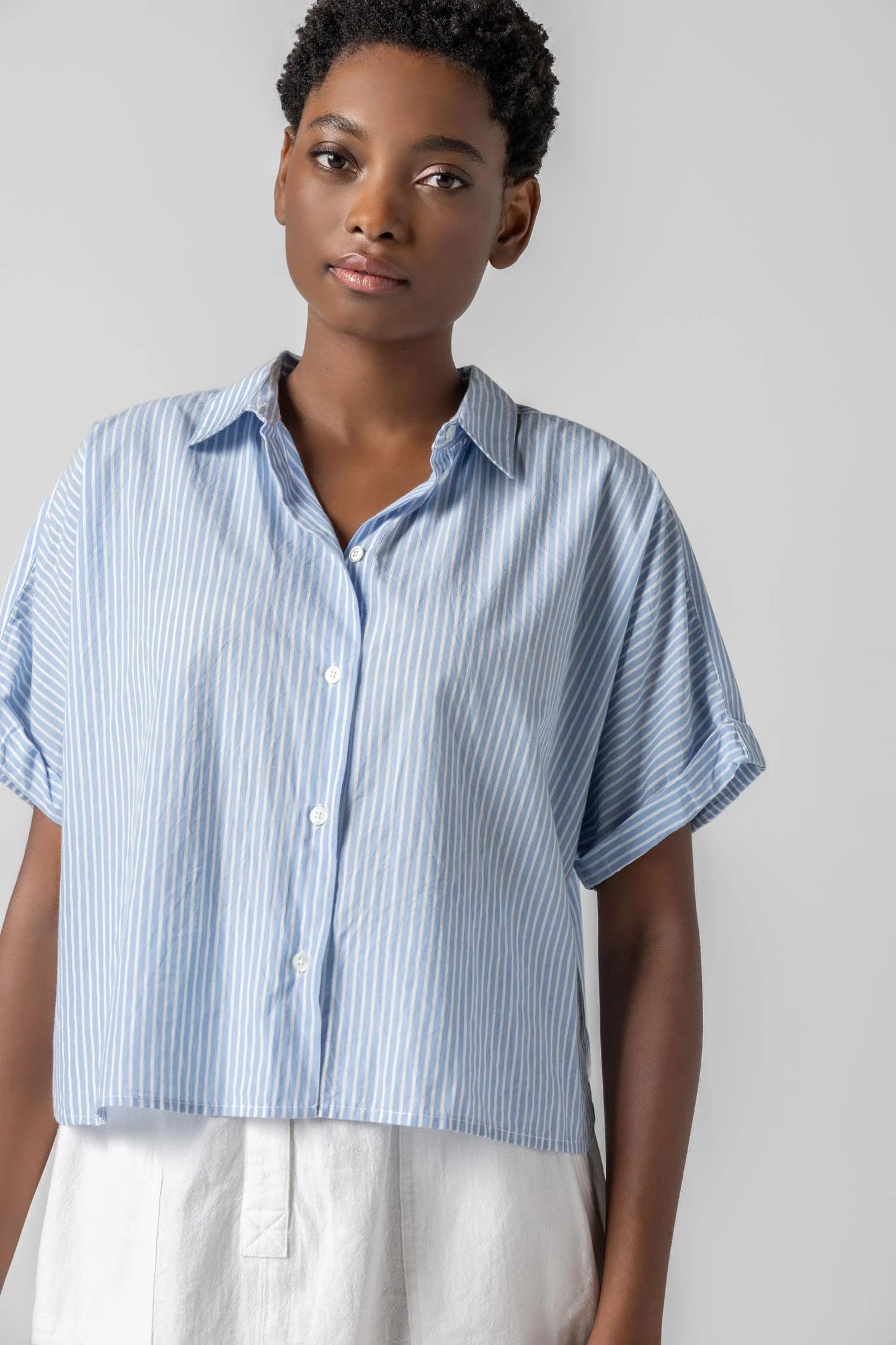 Lilla P. ~  Striped Boxy Button Down - Malibu Stripe