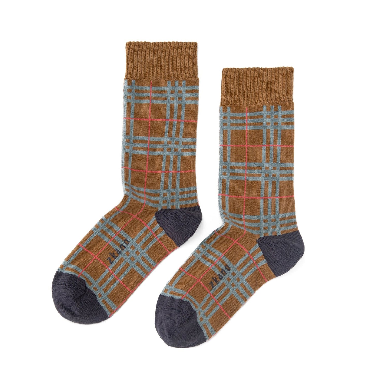 ZKano  ~  Evelyn Plaid, Organic Cotton Crew Socks - Chestnut