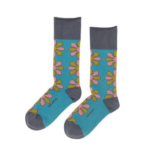Zkano  ~  Blossom, Mid Calf Roll Top, Organic Cotton Socks - Teal