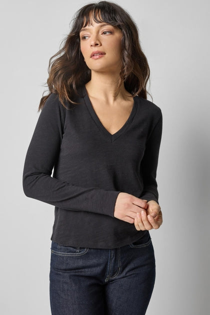 Lilla P. ~  Vintage Slub Long Sleeve V-Neck - Black