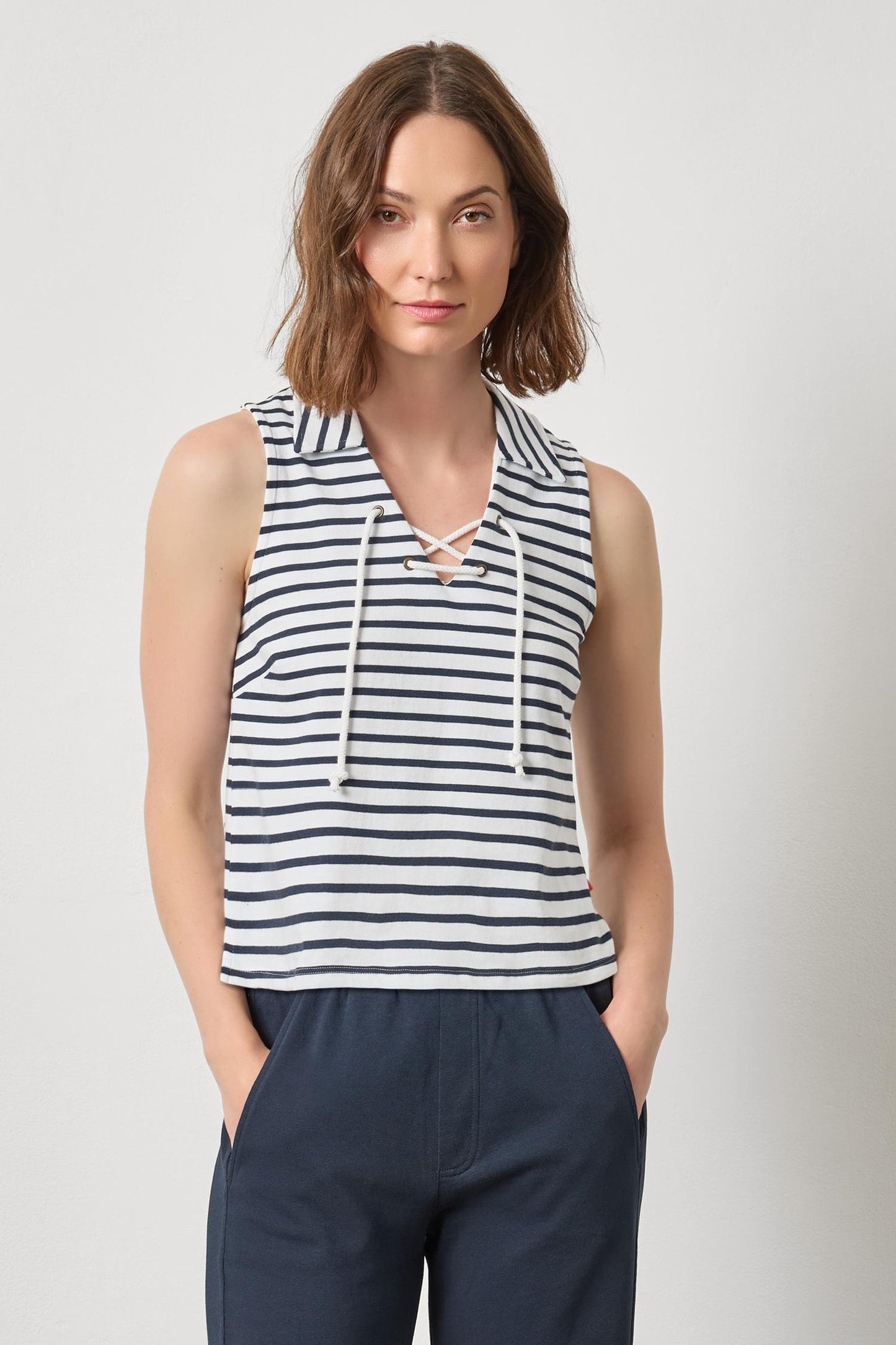 Lilla P. ~  Sleeveless Collared Top - Navy Stripe