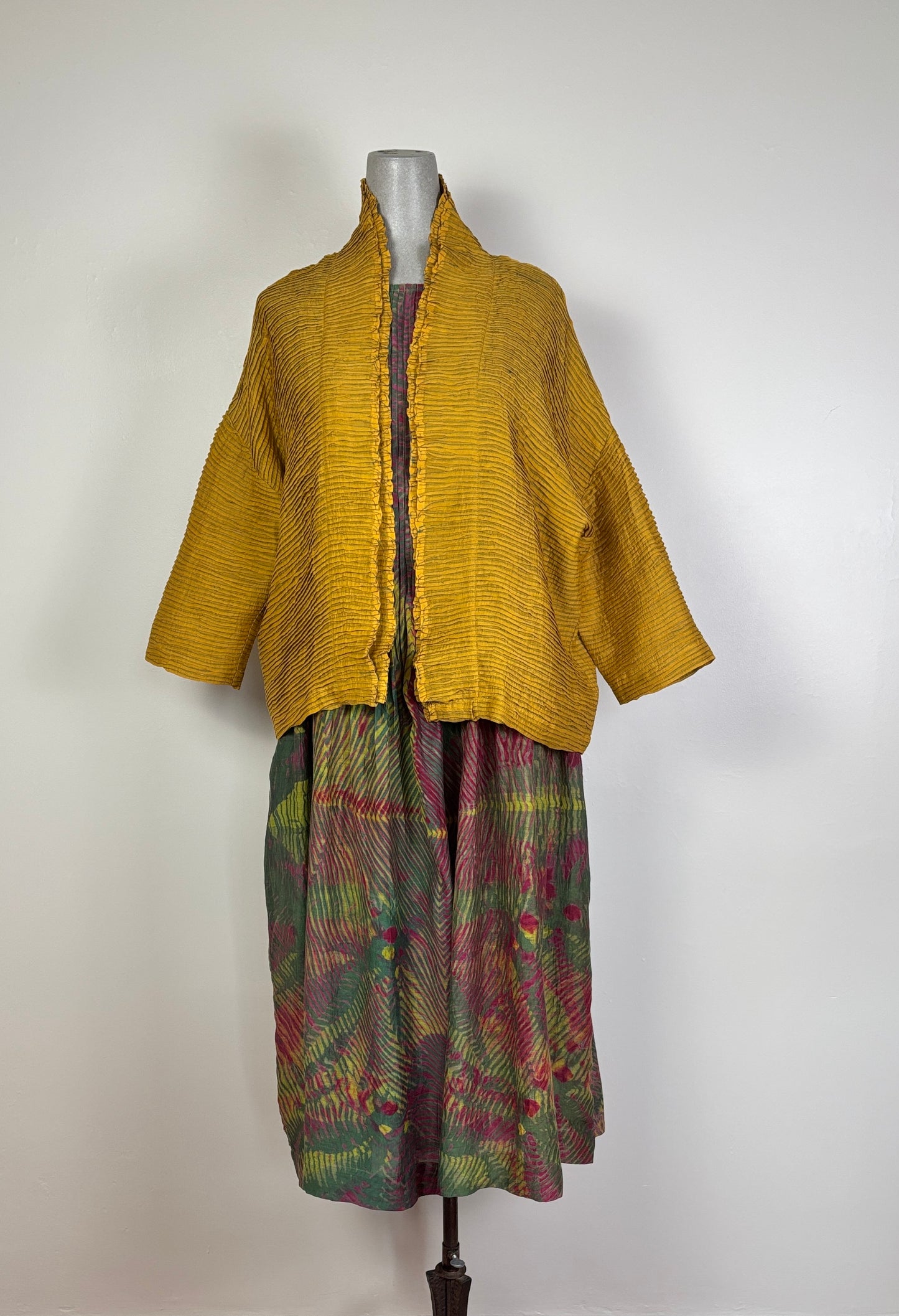 Neeru Kumar  ~  Short Sleeve Pleat Front Dress - Green Multi