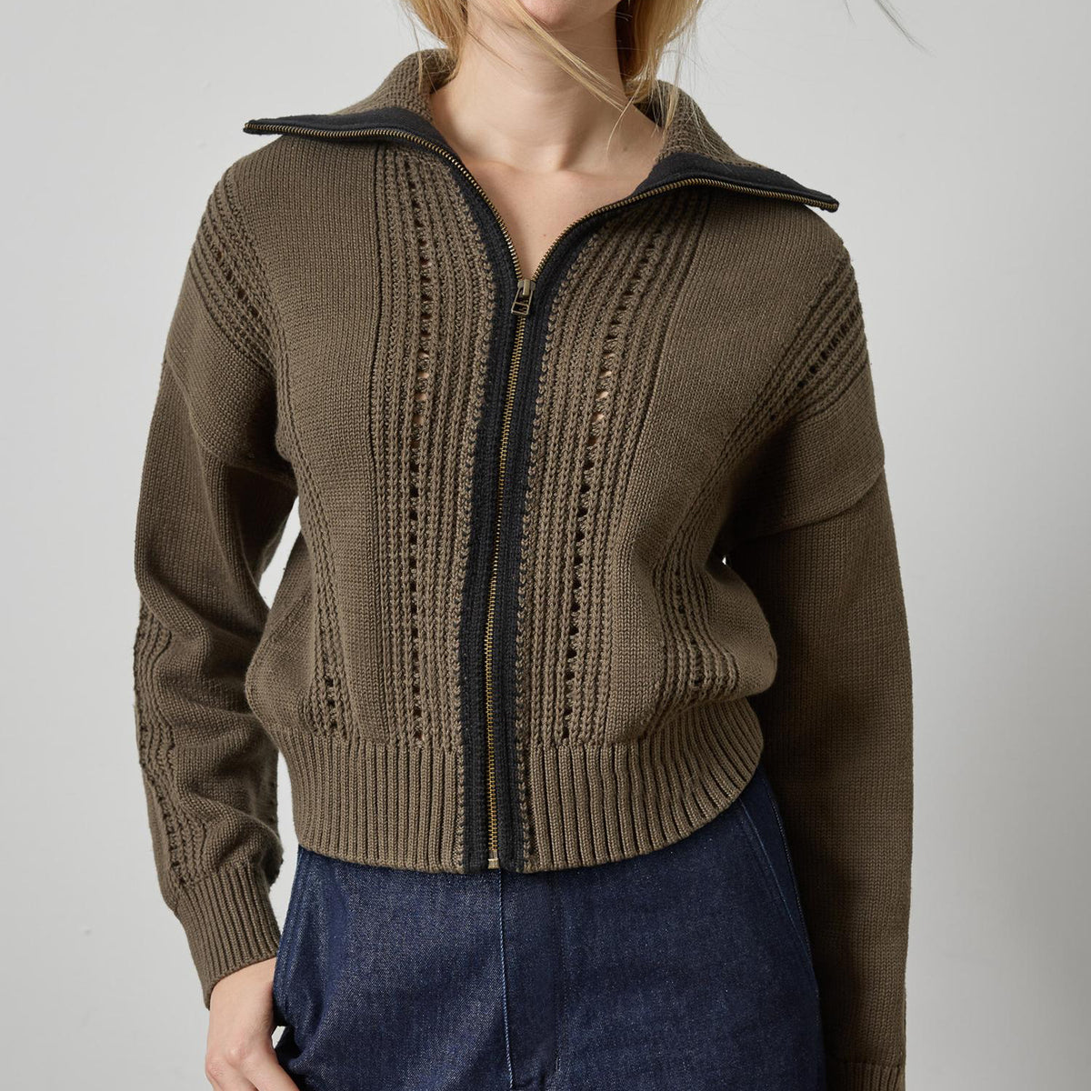 Lilla P. ~  Contrast Collar Zip Cardigan - Olive