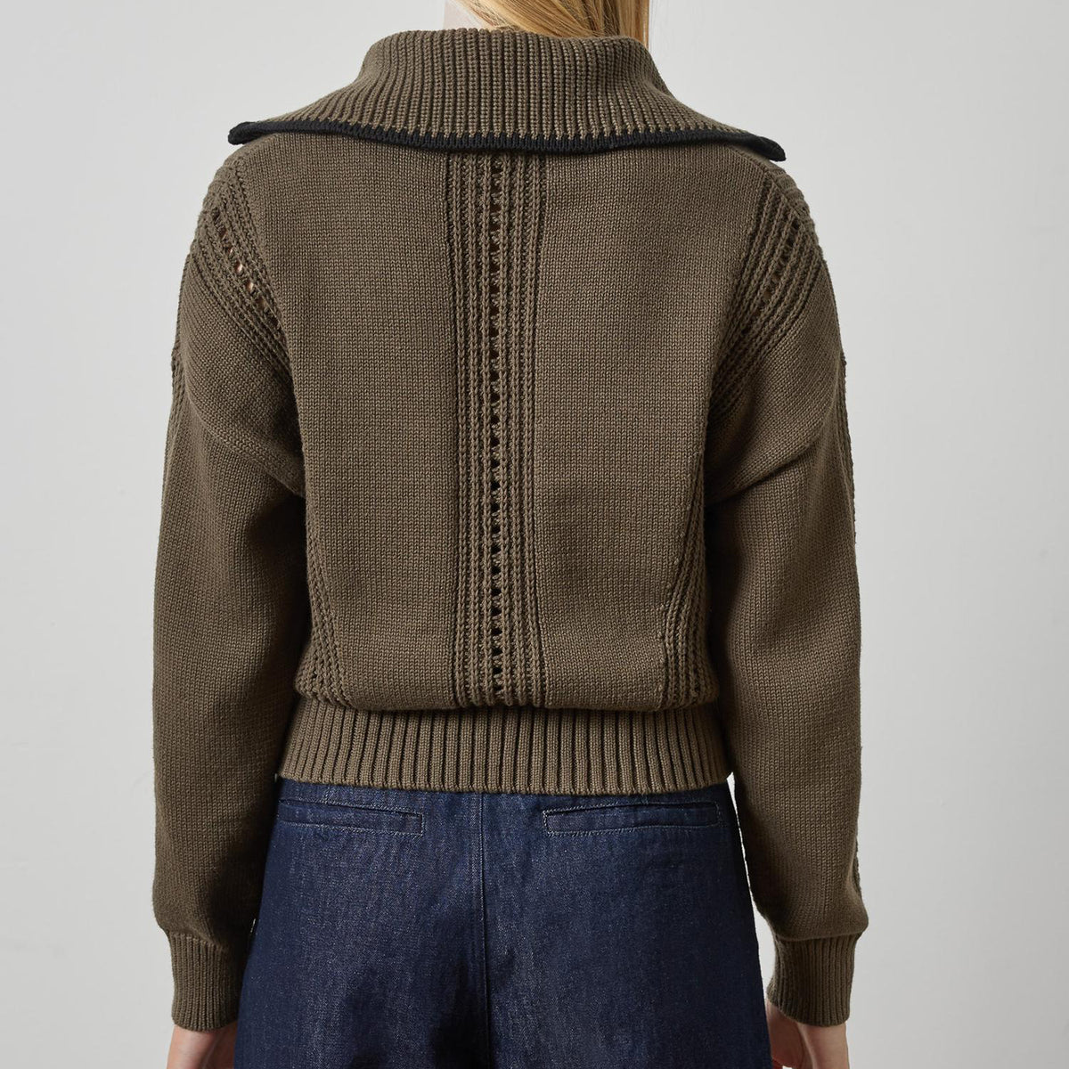 Lilla P. ~  Contrast Collar Zip Cardigan - Olive