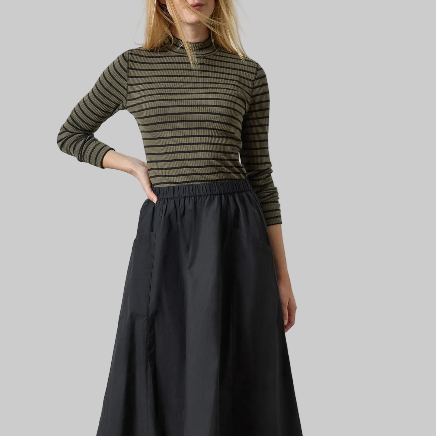 Lilla P. ~  Ribbed Long Sleeve Mock - Olive Stripe